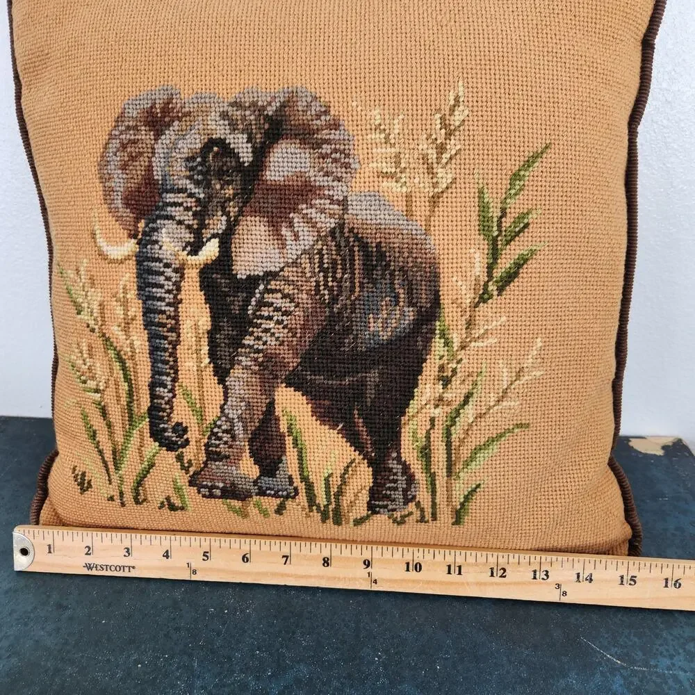 Vintage Brown Elephant Cross Stitch Decorative Cushion Pillow Safari Home Decor